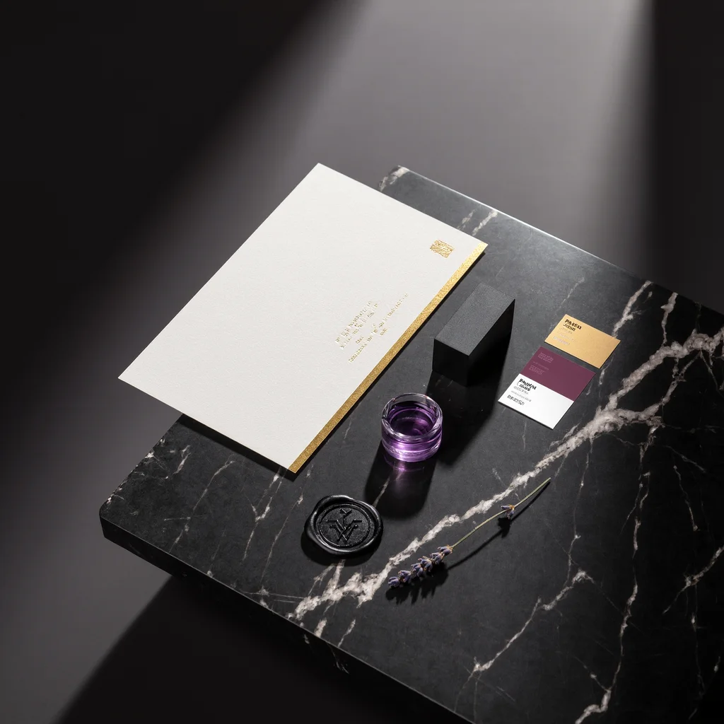 Presentacion de identidad de marca premium sobre marmol negro