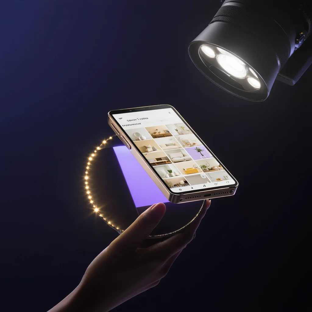 Smartphone con feed de redes sociales curado profesionalmente