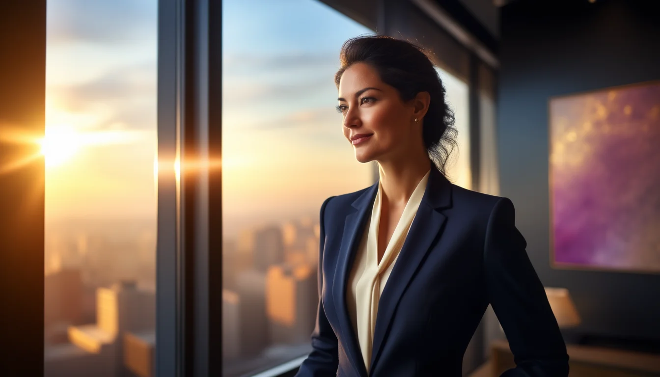 Profesional exitosa en oficina moderna al atardecer