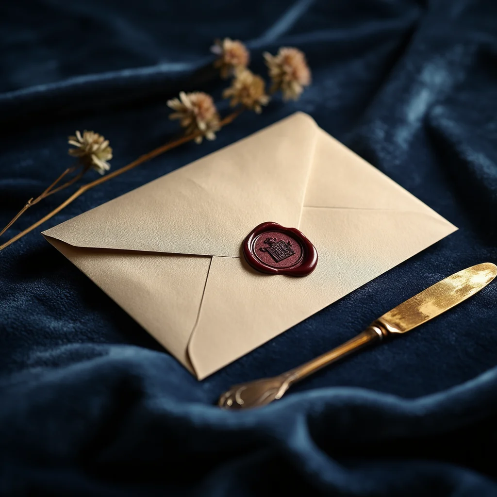 Sobre de lujo con sello de cera sobre terciopelo azul oscuro