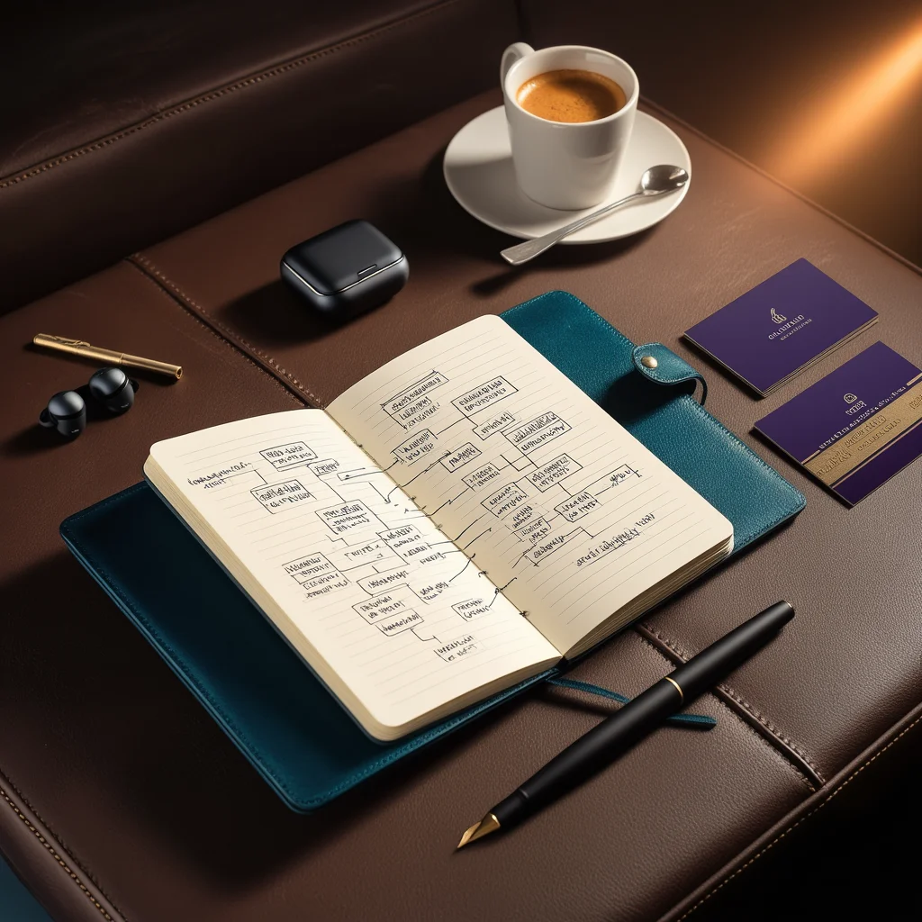 Escritorio ejecutivo con libreta de estrategia y mapa mental